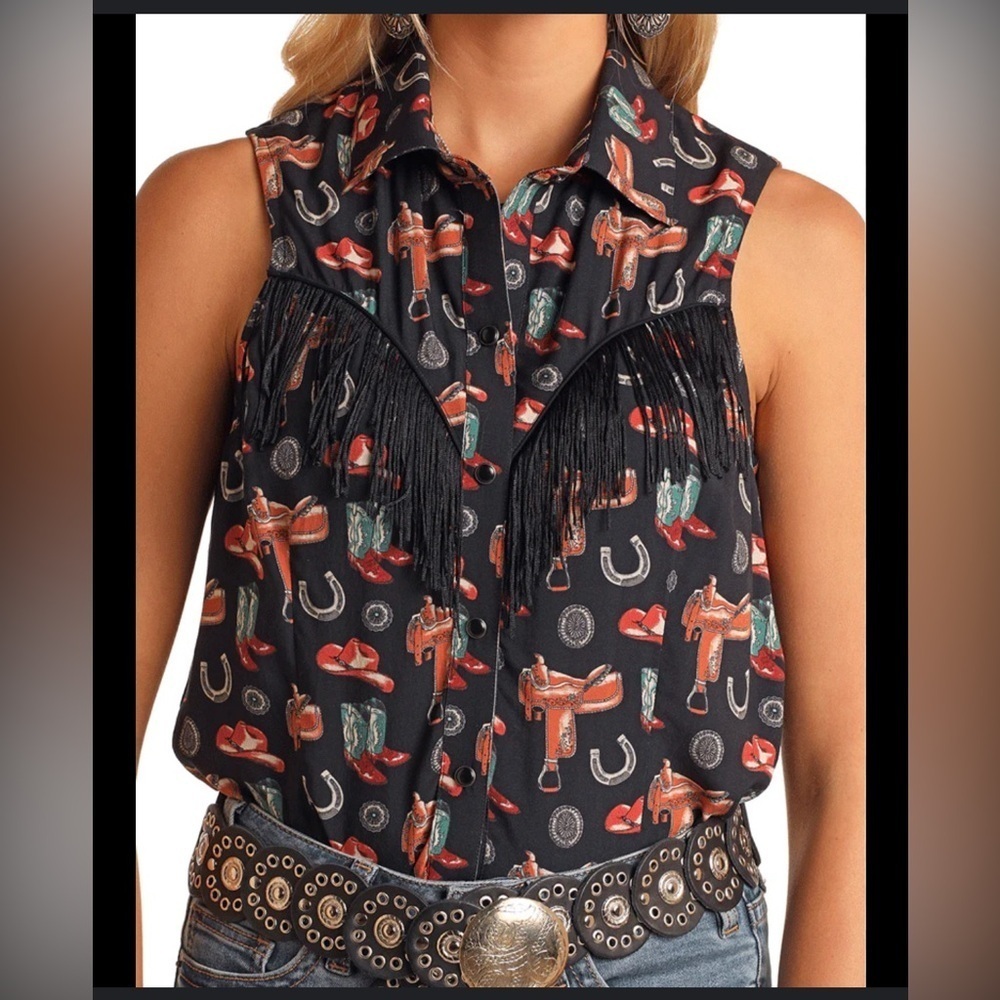 Rock and Roll Denim Conversational fringe snap top size S